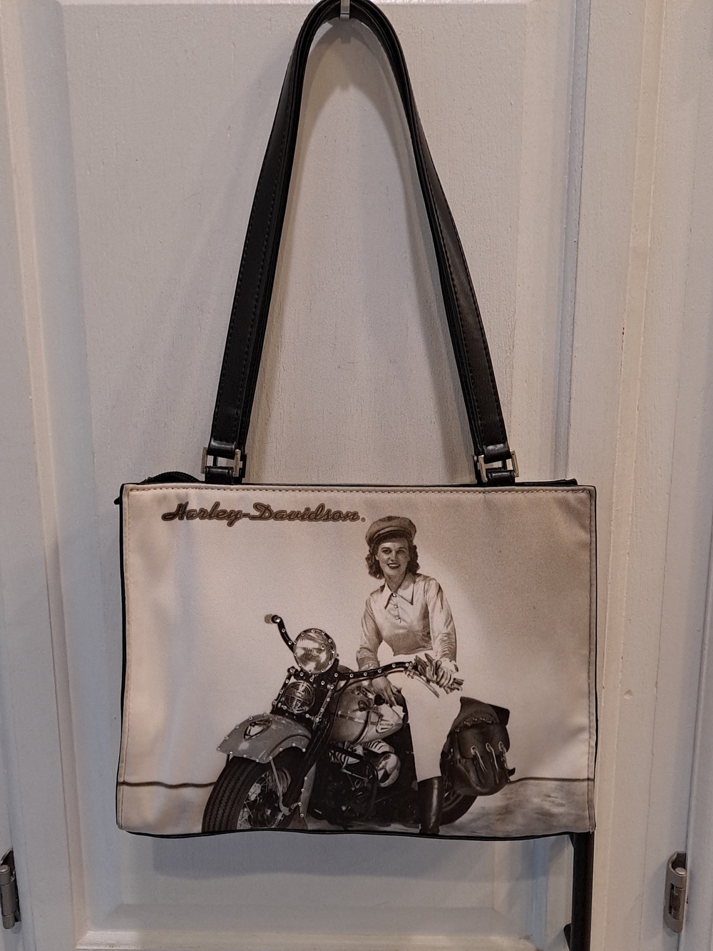 Harley-Davidson Black White Lady Rider 50s-style Retro Print Shoulder Bag
